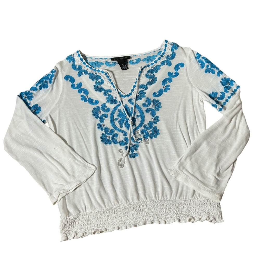 INC Boho Coastal Embroidered Peasant Womens M White‎ Blue Smocked Tassel Blouse
